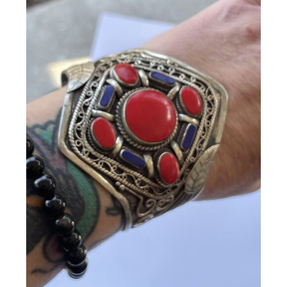red coral blue Lapis Cluster cuff bracelet wide Silver Southwest leaf shank work - Picture 1 of 16